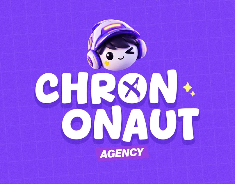 Chrononaut Agency Branding — purple identity and 3D mascot